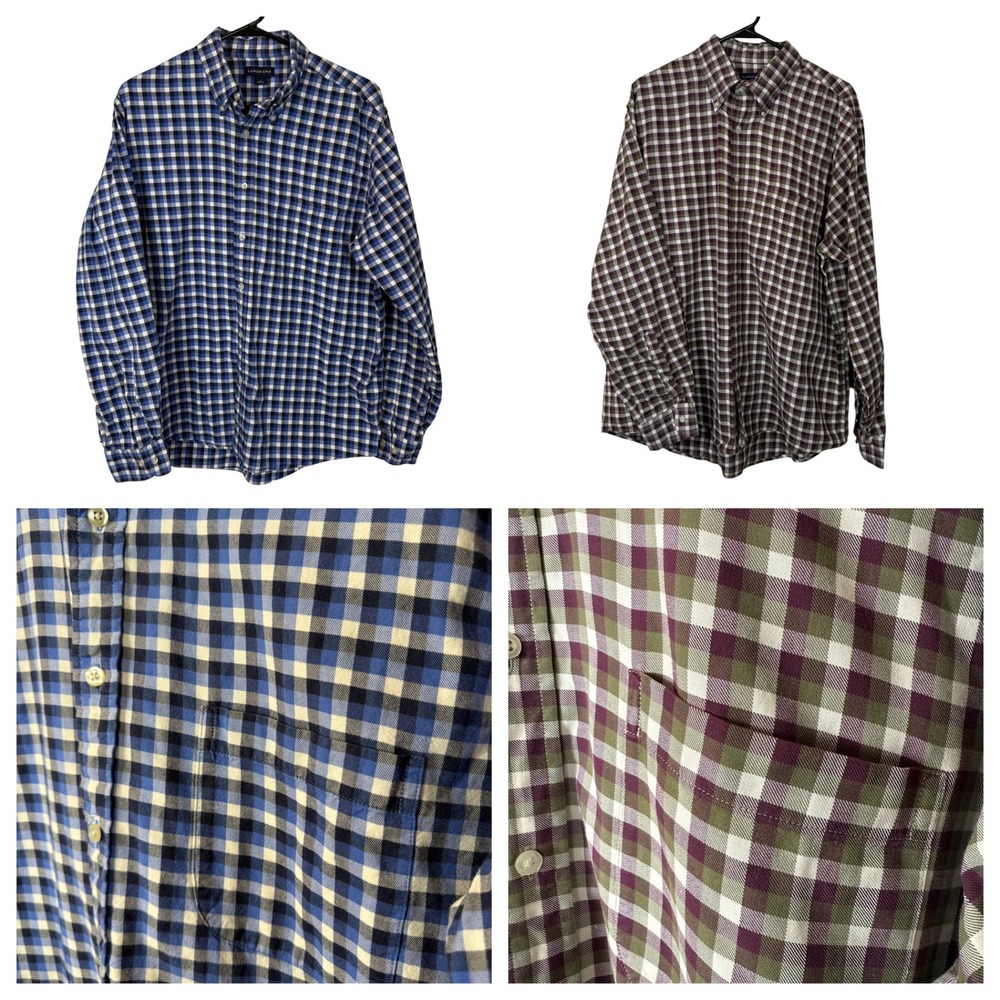 Two Lands End Mens Large Shirts Plaid Button Up Long Sleeve Cotton 16-16 1/2